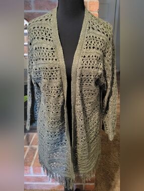Allison Daley Olive Green Open-Front Crochet Cardigan with Fringe